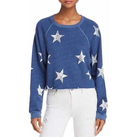 Monrow Blue Star Raglan Cropped Pullover Sweatshirt Size M - Picture 1 of 8
